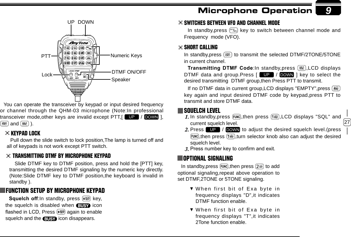 279You can operate the transceiver by keypad or input desired frequency or channel through the QHM-03 microphone (Note:In professional transceiver mode,other keys are invalid except PTT,[   /   ],   and   ).Keypad LockPull down the slide switch to lock position,The lamp is turned off and all of keypads is not work except PTT switch.Transmitting DTMF By Microphone KeyPAD Switches between VFO and channel mode In standby,press   key to switch between channel mode and Frequency  mode (VFO).Short CallingIn standby,press   to transmit the selected DTMF/2TONE/5TONE in current channel.Transmitting DTMF Code:In standby,press  ,LCD displays DTMF data and group.Press [   /   ] key  to select the desired transmitting  DTMF group,then Press PTT to transmit.If no DTMF data in current group,LCD displays &quot;EMPTY&quot;,press   key again and input desired DTMF code by keypad,press PTT to transmit and store DTMF data.Squelch LevelIn standby,press 1.  ,then press  ,LCD displays &quot;SQL&quot; and current squelch level.Press 2.   /   to adjust the desired squelch level.(press ,then press  ,turn selector knob also can adjust the desired squelch level.Press number key to conrm and exit.3.  Optional signaling In standby,press  ,then press   to add optional signaling,repeat above operation to set DTMF,2TONE or 5TONE signaling.When first bit of Exa byte in  frequency displays &quot;D&quot;,it indicates DTMF function enable. When first bit of Exa byte in  frequency displays &quot;T&quot;,it indicates 2Tone function enable. Microphone Operation Slide DTMF key to DTMF position, press and hold the [PTT] key, transmitting the desired DTMF signaling by the numeric key directly.(Note:Slide DTMF key to DTMF position,the keyboard is invalid in standby ).Function Setup By Microphone KeypadSquelch off:In standby, press   key, the squelch is disabled when   icon ashed in LCD, Press   again to enable squelch and the   icon disappears.PTTDOWNUPLock SpeakerNumeric KeysDTMF ON/OFF