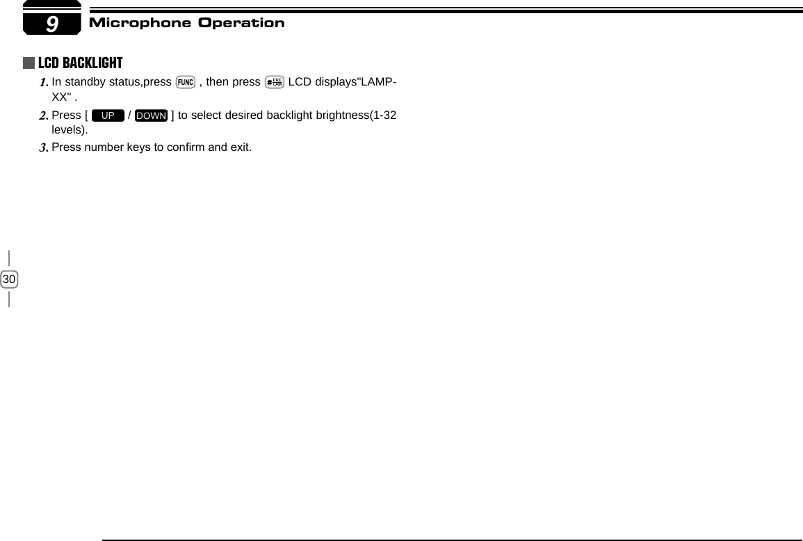 309 LCD Backlight In standby status,press 1.   , then press   LCD displays&quot;LAMP-XX&quot; .Press [ 2.   /   ] to select desired backlight brightness(1-32 levels).Press number keys to conrm and exit.3. Microphone Operation
