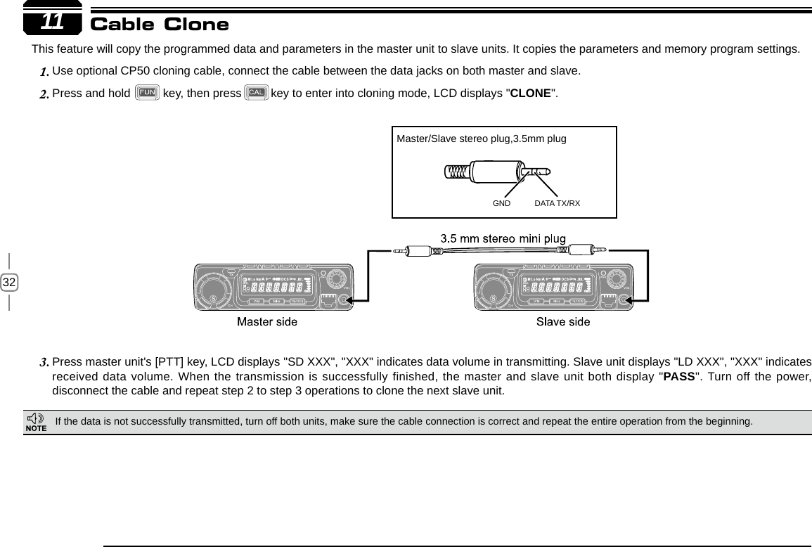 3211This feature will copy the programmed data and parameters in the master unit to slave units. It copies the parameters and memory program settings.Use optional CP50 cloning cable, connect the cable between the data jacks on both master and slave.1. Press and hold          key, then press         key to enter into cloning mode, LCD displays &quot;2.  CLONE&quot;.Press master unit&apos;s [PTT] key, LCD displays &quot;SD XXX&quot;, &quot;XXX&quot; indicates data volume in transmitting. Slave unit displays &quot;LD XXX&quot;, &quot;XXX&quot; indicates 3. received data volume. When the transmission is successfully finished, the master and slave unit both display &quot;PASS&quot;. Turn off the power, disconnect the cable and repeat step 2 to step 3 operations to clone the next slave unit.Cable CloneIf the data is not successfully transmitted, turn off both units, make sure the cable connection is correct and repeat the entire operation from the beginning.GND DATA TX/RXMaster/Slave stereo plug,3.5mm plug