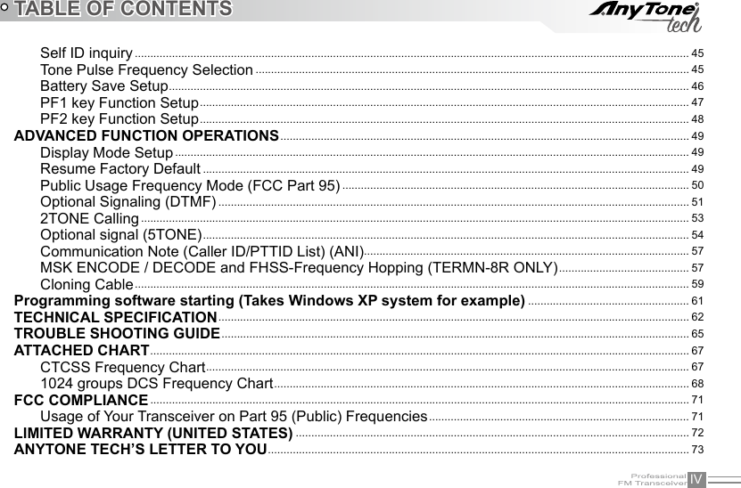 IVTABLE OF CONTENTSSelf ID inquiry ................................................................................................................................................................................... 45Tone Pulse Frequency Selection ............................................................................................................................................ 45Battery Save Setup ........................................................................................................................................................................ 46PF1 key Function Setup .............................................................................................................................................................. 47PF2 key Function Setup .............................................................................................................................................................. 48ADVANCED FUNCTION OPERATIONS .................................................................................................................................... 49Display Mode Setup ...................................................................................................................................................................... 49Resume Factory Default ............................................................................................................................................................. 49Public Usage Frequency Mode (FCC Part 95) ................................................................................................................ 50Optional Signaling (DTMF) ........................................................................................................................................................ 512TONE Calling ................................................................................................................................................................................. 53Optional signal (5TONE) ............................................................................................................................................................. 54Communication Note (Caller ID/PTTID List) (ANI)......................................................................................................... 57MSK ENCODE / DECODE and FHSS-Frequency Hopping (TERMN-8R ONLY) .......................................... 57Cloning Cable ................................................................................................................................................................................... 59Programming software starting (Takes Windows XP system for example) .................................................... 61TECHNICAL SPECIFICATION ........................................................................................................................................................ 62TROUBLE SHOOTING GUIDE ....................................................................................................................................................... 65ATTACHED CHART .............................................................................................................................................................................. 67CTCSS Frequency Chart ............................................................................................................................................................ 671024 groups DCS Frequency Chart ...................................................................................................................................... 68FCC COMPLIANCE .............................................................................................................................................................................. 71Usage of Your Transceiver on Part 95 (Public) Frequencies .................................................................................... 71LIMITED WARRANTY (UNITED STATES) ............................................................................................................................... 72ANYTONE TECH’S LETTER TO YOU ........................................................................................................................................ 73