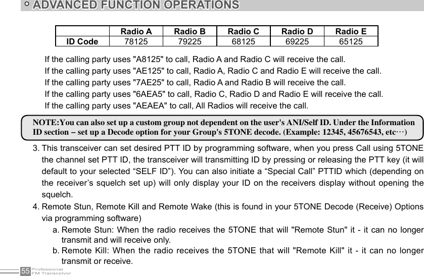 55ADVANCED FUNCTION OPERATIONSIf the calling party uses &quot;A8125&quot; to call, Radio A and Radio C will receive the call.If the calling party uses &quot;AE125&quot; to call, Radio A, Radio C and Radio E will receive the call.If the calling party uses &quot;7AE25&quot; to call, Radio A and Radio B will receive the call.If the calling party uses &quot;6AEA5&quot; to call, Radio C, Radio D and Radio E will receive the call.If the calling party uses &quot;AEAEA&quot; to call, All Radios will receive the call.NOTE:You can also set up a custom group not dependent on the user&apos;s ANI/Self ID. Under the Information ID section - set up a Decode option for your Group&apos;s 5TONE decode. (Example: 12345, 45676543, etc…)This transceiver can set desired PTT ID by programming software, when you press Call using 5TONE 3. the channel set PTT ID, the transceiver will transmitting ID by pressing or releasing the PTT key (it will default to your selected “SELF ID”). You can also initiate a “Special Call” PTTID which (depending on the receiver’s squelch set up) will only display  your ID on the receivers display without opening the squelch.Radio A Radio B Radio C Radio D Radio EID Code 78125 79225 68125 69225 65125Remote Stun, Remote Kill and Remote Wake (this is found in your 5TONE Decode (Receive) Options 4. via programming software)Remote Stun: When the radio receives the 5TONE that will &quot;Remote Stun&quot; it - it can no longer a. transmit and will receive only.Remote Kill: When the radio  receives the 5TONE that will  &quot;Remote Kill&quot;  it -  it can  no longer b. transmit or receive.