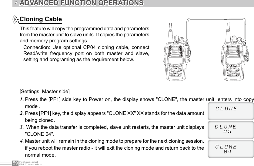 59ADVANCED FUNCTION OPERATIONSCloning CableThis feature will copy the programmed data and parameters from the master unit to slave units. It copies the parameters and memory program settings.Connection:  Use  optional  CP04  cloning  cable,  connect Read/write  frequency  port  on  both  master  and  slave, setting and programing as the requirement below.BANKBANKBANDBAND[Settings: Master side]Press the [PF1] side key to Power on, the display shows &quot;CLONE&quot;, the master unit  enters into copy 1. mode .  Press [PF1] key, the display appears &quot;CLONE XX&quot; XX stands for the data amount 2. being cloned. When the data transfer is completed, slave unit restarts, the master unit displays 3. &quot;CLONE 04&quot;.Master unit will remain in the cloning mode to prepare for the next cloning session, 4. if you reboot the master radio - it will exit the cloning mode and return back to the normal mode.