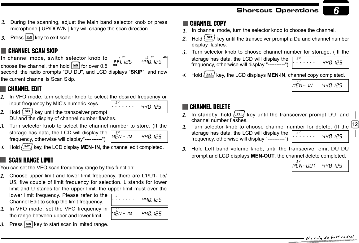 12Shortcut OperationsIn channel mode, switch selector  knob to choose the channel, then hold   for over 0.5 second, the radio prompts &quot;DU DU&quot;, and LCD displays &quot;SKIP&quot;, and now the current channel is Scan Skip.In VFO mode, turn selector knob to select the desired frequency or 1. input frequency by MIC&apos;s numeric keys.Hold 2.   key until the transceiver prompt DU and the display of channel number ashes.Turn  selector  knob  to select  the  channel  number  to  store.  (If  the 3. storage has data, the LCD will display the frequency, otherwise will display&quot;----------&quot;)Hold 4.   key, the LCD display MEN- IN, the channel edit completed.CHANNEL SCAN SKIPCHANNEL EDIT6SCAN RANGE LIMIT You can set the VFO scan frequency range by this function:Choose upper limit  and lower limit frequency, there are L1/U1-  L5/1. U5, five couple  of limit frequency for selection. L stands for lower  limit and U stands for  the upper  limit. the upper limit must over the lower  limit  frequency. Please  refer  to  the Channel Edit to setup the limit frequency.In VFO mode,  set the VFO frequency in 2. the range between upper and lower limit.Press 3.   key to start scan in lmited range.During the scanning,  adjust the Main band selector knob or  press  2. microphone [ UP/DOWN ] key will change the scan direction.Press 3.   key to exit scan.In standby, hold 1.   key until the transceiver  prompt DU,  and channel number ashes.Turn selector knob to choose  channel number  for delete. (If the 2. storage has data, the LCD will display the frequency, otherwise will display &quot;----------&quot;)Hold 3.  Left band volume knob, until  the transceiver  emit DU DU prompt and LCD displays MEN-OUT, the channel delete completed.CHANNEL DELETEstorage has data, the LCD will display the frequency, otherwise will display &quot;----------&quot;)Hold4.     key, the LCD displays MEN-IN, channel copy completed.In channel mode, turn1.   the selector knob to choose the channel. Hold 2.   key until the transceiver prompt a Du and channel number  display ashes.Turn selector knob  to choose  channel number for storage. ( If the  3. CHANNEL COPY