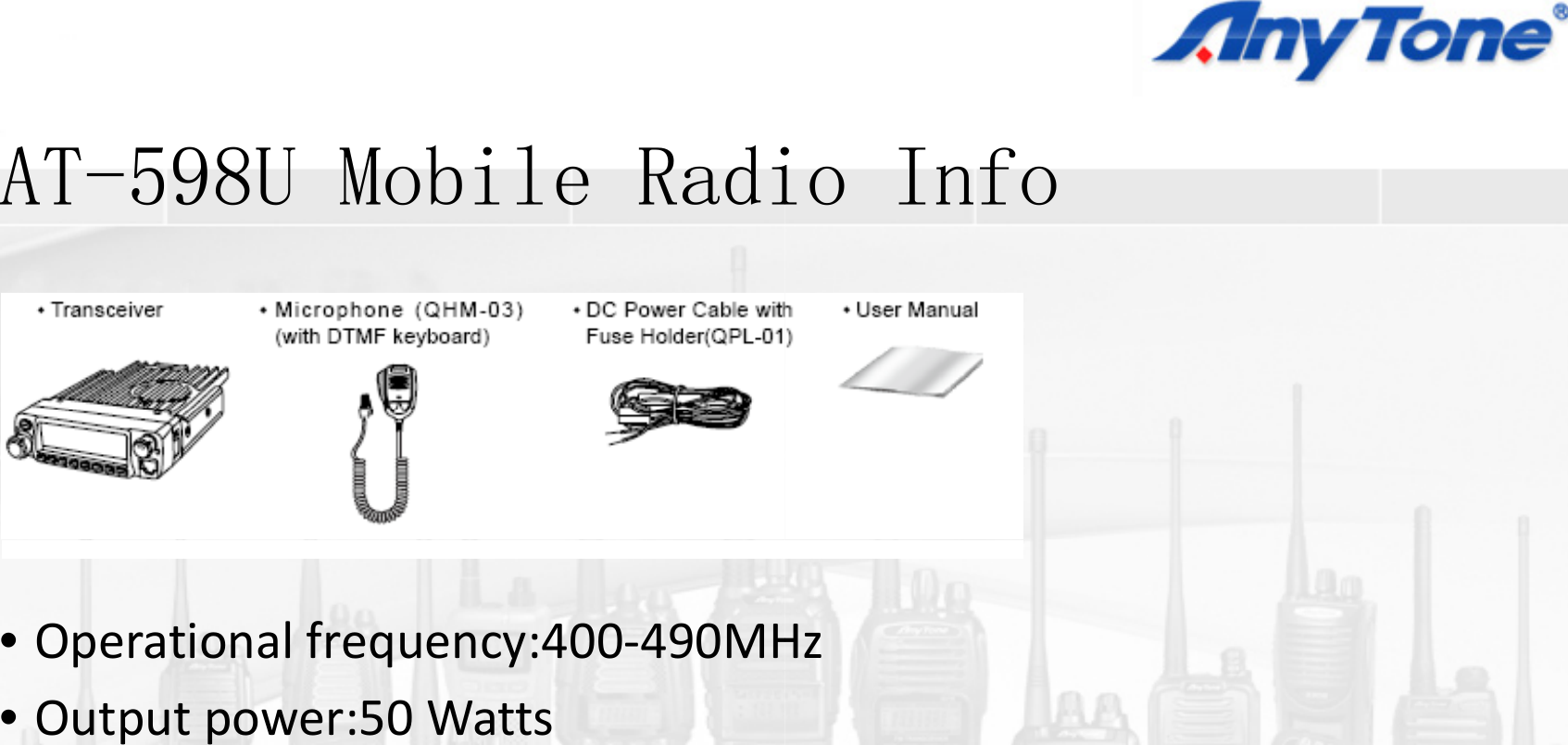 AT598U M bil R diAT-598U Mobile Radi•Operationalfrequency:400‐490MH•Outputpower:50WattsiIfio InfoHz