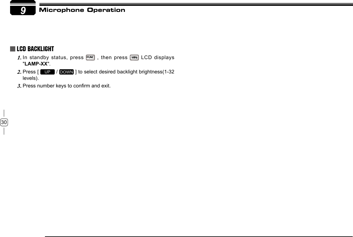 309     LCD Backlight In standby status, press 1. FUNC , then press MINI LCD displays &quot;LAMP-XX&quot;.Press [ 2.  /   ] to select desired backlight brightness(1-32 levels).Press number keys to conrm and exit.3. Microphone Operation