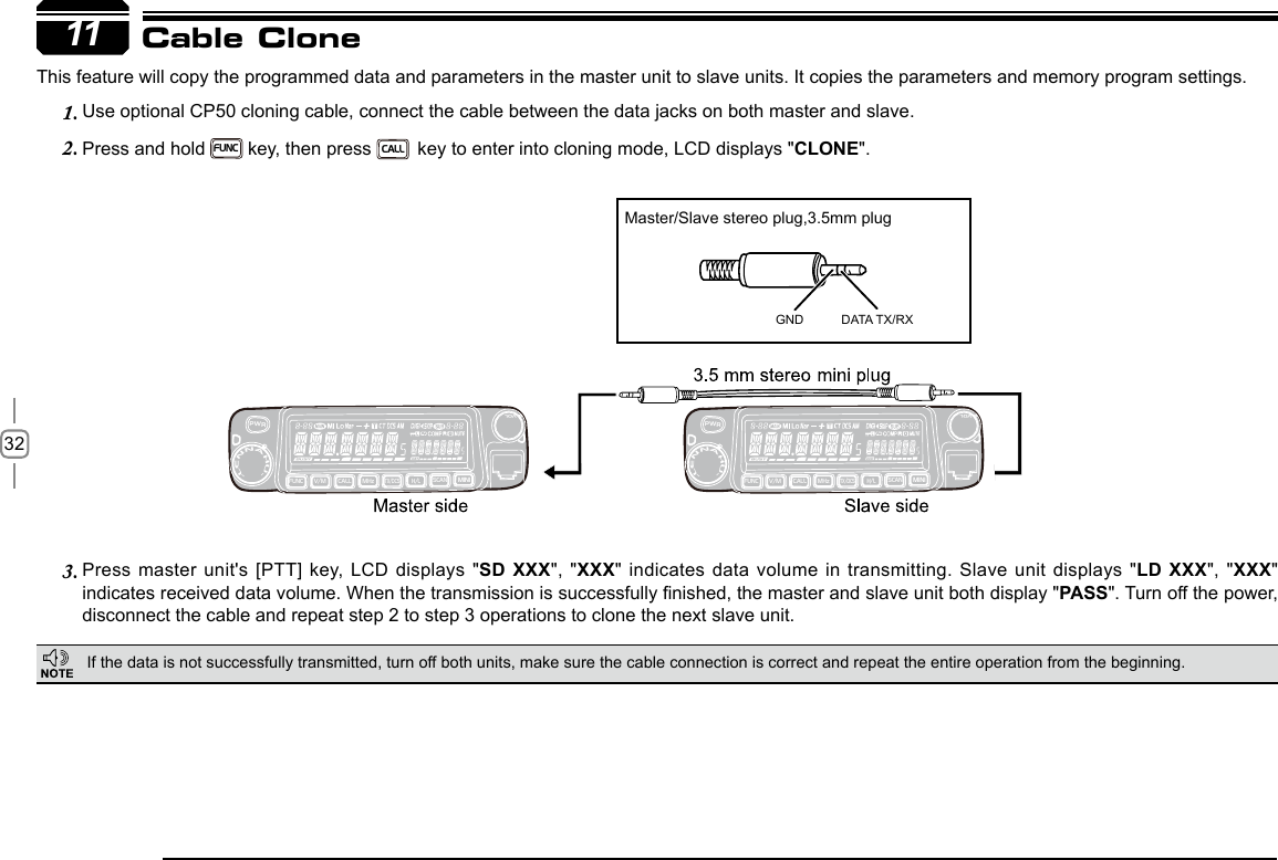 3211This feature will copy the programmed data and parameters in the master unit to slave units. It copies the parameters and memory program settings.Use optional CP50 cloning cable, connect the cable between the data jacks on both master and slave.1. Press and hold 2. FUNC key, then press         key to enter into cloning mode, LCD displays &quot;CLONE&quot;.Press master unit&apos;s [PTT] key, LCD displays &quot;3.  SD XXX&quot;, &quot;XXX&quot; indicates data volume in transmitting. Slave unit displays &quot;LD XXX&quot;, &quot;XXX&quot; indicates received data volume. When the transmission is successfully nished, the master and slave unit both display &quot;PASS&quot;. Turn off the power, disconnect the cable and repeat step 2 to step 3 operations to clone the next slave unit.Cable CloneIf the data is not successfully transmitted, turn off both units, make sure the cable connection is correct and repeat the entire operation from the beginning.GND DATA TX/RXMaster/Slave stereo plug,3.5mm plugCALLPWRFUN CV/MC A LLMHzTX/DCSH/LS C ANMI N I-LENNAHU-VO LPWRFUN CV/MC A LLMHzTX/DCSH/LS C ANMI N I-LENNAHU-VO L