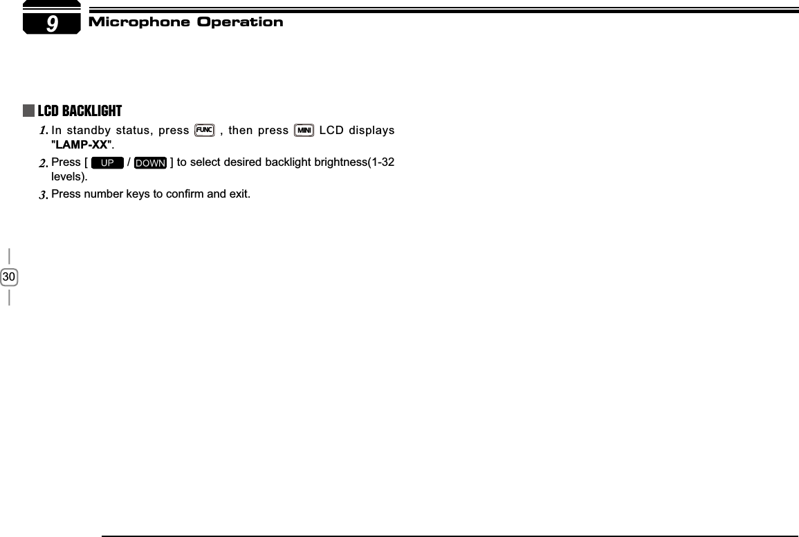 309 LCD Backlight In standby status, press 1.FUNC , then press MINI LCD displays &quot;LAMP-XX&quot;.Press [ 2.  /   ] to select desired backlight brightness(1-32 levels).3UHVVQXPEHUNH\VWRFRQ¿UPDQGH[LW3.Microphone Operation