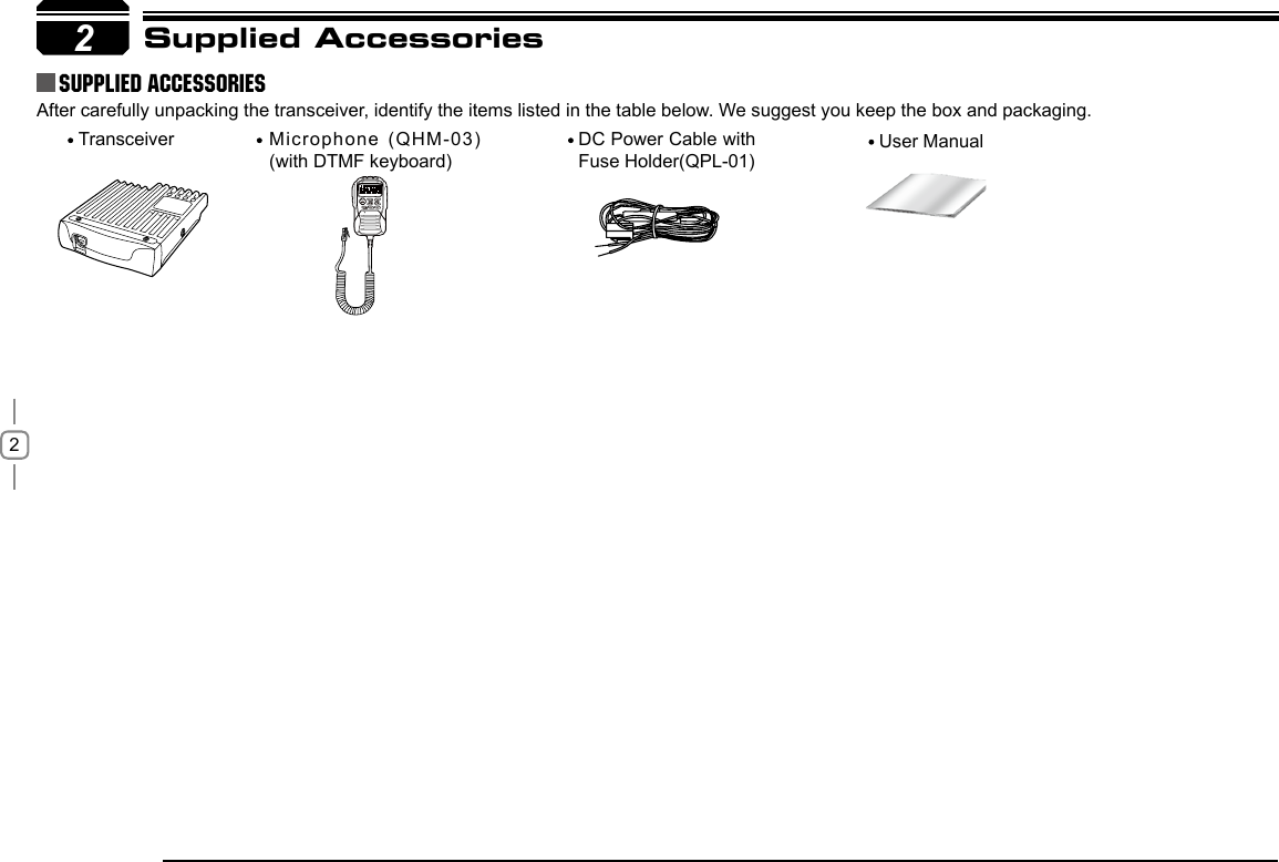 22Supplied AccessoriesAfter carefully unpacking the transceiver, identify the items listed in the table below. We suggest you keep the box and packaging.Transceiver User ManualMicrophone  (QHM-03) (with DTMF keyboard)DC Power Cable with Fuse Holder(QPL-01)Supplied Accessories