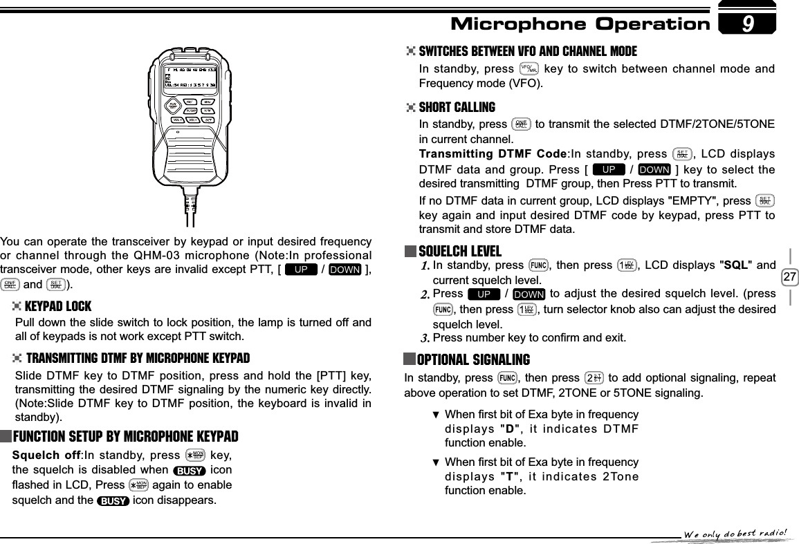 279You can operate the transceiver by keypad or input desired frequency or channel through the QHM-03 microphone (Note:In professional transceiver mode, other keys are invalid except PTT, [   /   ],   and  ).Keypad LockPull down the slide switch to lock position, the lamp is turned off and all of keypads is not work except PTT switch.Transmitting DTMF By Microphone KeyPAD Switches between VFO and channel mode In standby, press   key to switch between channel mode and Frequency mode (VFO).Short CallingIn standby, press   to transmit the selected DTMF/2TONE/5TONE in current channel.7UDQVPLWWLQJ&apos;70)&amp;RGH:In standby, press  , LCD displays DTMF data and group. Press [   /   ] key to select the desired transmitting  DTMF group, then Press PTT to transmit.If no DTMF data in current group, LCD displays &quot;EMPTY&quot;, press key again and input desired DTMF code by keypad, press PTT to transmit and store DTMF data.Squelch LevelIn standby, press 1. , then press  , LCD displays &quot;SQL&quot; and current squelch level.Press2.  /  WRDGMXVWWKHGHVLUHGVTXHOFKOHYHOSUHVV, then press  , turn selector knob also canDGMXVWWKHGHVLUHGsquelch level.3UHVVQXPEHUNH\WRFRQ¿UPDQGH[LW3. Optional signalingIn standby, press  , then press   to add optional signaling, repeat above operation to set DTMF, 2TONE or 5TONE signaling.:KHQ¿UVWELWRI([DE\WHLQIUHTXHQF\ displays &quot;D&quot;, it indicates DTMF function enable. :KHQ¿UVWELWRI([DE\WHLQIUHTXHQF\ displays &quot;T&quot;, it indicates 2Tone function enable. Microphone OperationSlide DTMF key to DTMF position, press and hold the [PTT] key, transmitting the desired DTMF signaling by the numeric key directly.(Note:Slide DTMF key to DTMF position, the keyboard is invalid in standby).Function Setup By Microphone Keypad6TXHOFKRII:In standby, press   key, the squelch is disabled when   icon ÀDVKHGLQ/&amp;&apos;, Press   again to enable squelch and the   icon disappears.