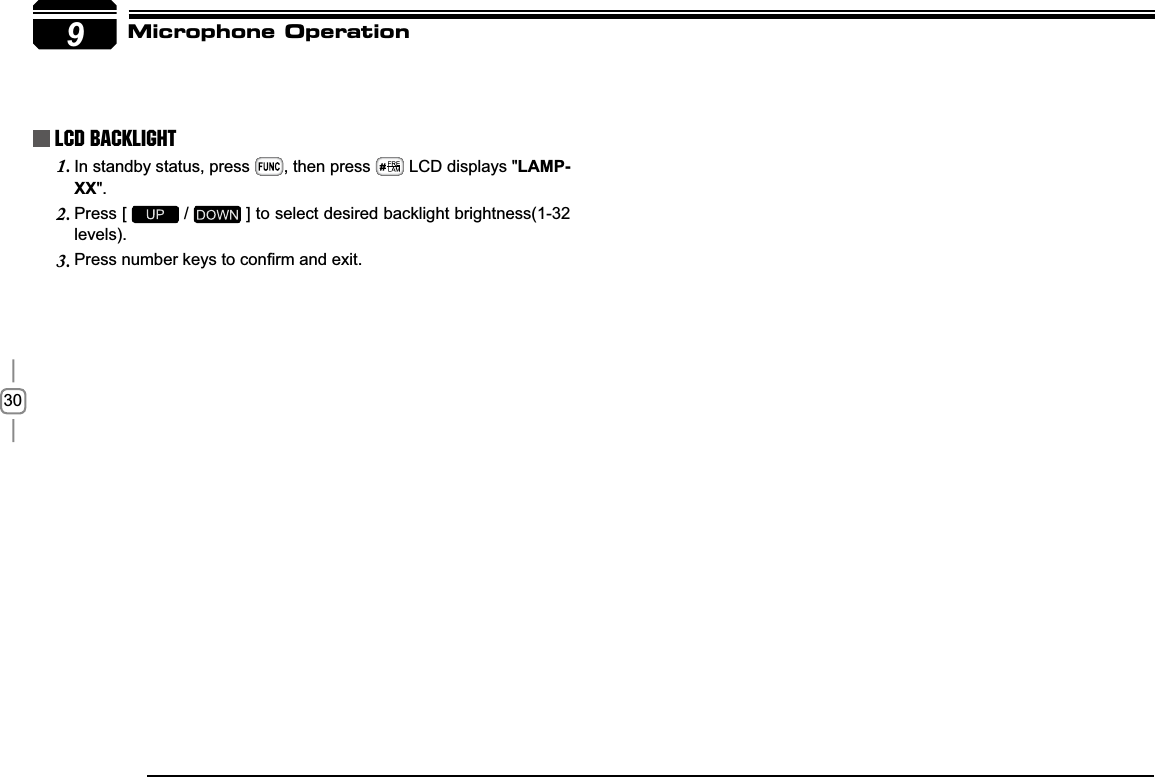 309 LCD Backlight In standby status, press 1. , then press   LCD displays &quot;LAMP-XX&quot;.Press [ 2.  /   ] to select desired backlight brightness(1-32 levels).3UHVVQXPEHUNH\VWRFRQ¿UPDQGH[LW3.Microphone Operation