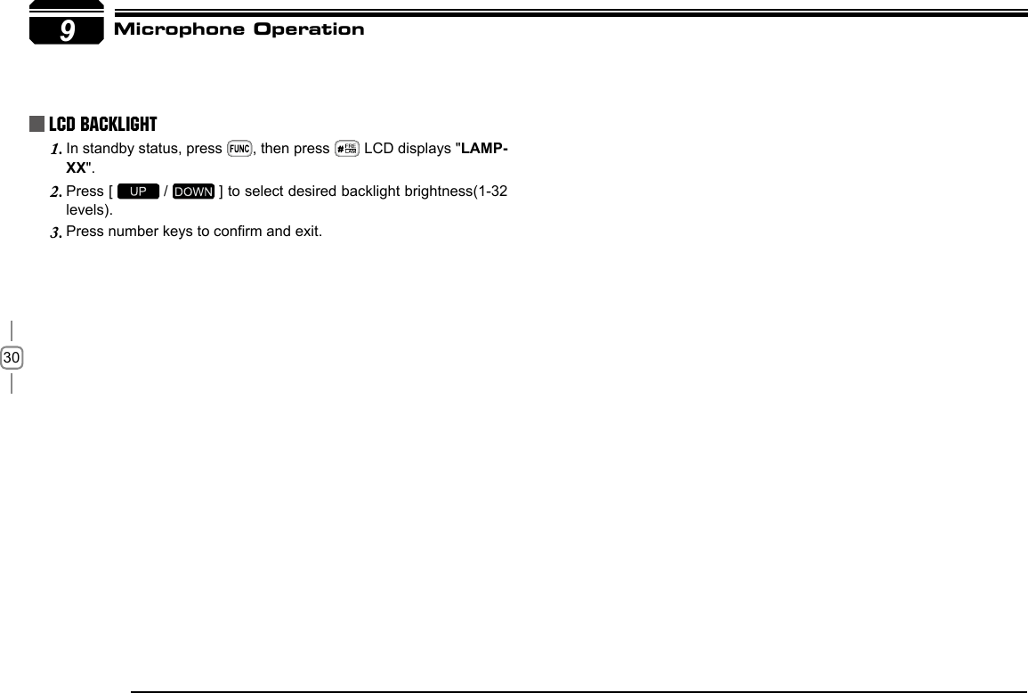 309     LCD Backlight In standby status, press 1. , then press   LCD displays &quot;LAMP-XX&quot;.Press [ 2.  /   ] to select desired backlight brightness(1-32 levels).Press number keys to conrm and exit.3. Microphone Operation