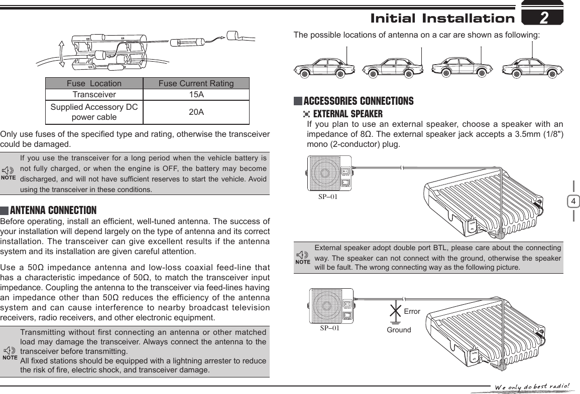 42REPTSPSP-01REPTSPGroundErrorSP-01Initial InstallationOnly use fuses of the specied type and rating, otherwise the transceiver could be damaged.Fuse  Location Fuse Current RatingTransceiver 15ASupplied Accessory DC power cable 20AIf you use the transceiver for a long period  when the vehicle battery is not fully charged, or when the  engine is OFF,  the battery may become discharged, and will not have sufcient  reserves to start the vehicle. Avoid using the transceiver in these conditions.Before operating, install an efcient, well-tuned antenna. The success of your installation will depend largely on the type of antenna and its correct installation. The  transceiver  can  give  excellent  results  if  the  antenna system and its installation are given careful attention.Use  a  50Ω  impedance antenna  and  low-loss  coaxial  feed-line  that has a characteristic impedance of 50Ω, to match the transceiver input impedance. Coupling the antenna to the transceiver via feed-lines having an impedance other than 50Ω reduces the efficiency of the antenna system and can cause interference to nearby broadcast television receivers, radio receivers, and other electronic equipment. Antenna ConnectionTransmitting without first connecting an antenna  or other matched load may damage the transceiver. Always connect the antenna to the transceiver before transmitting.All xed stations should be equipped with a lightning arrester to reduce the risk of re, electric shock, and transceiver damage.The possible locations of antenna on a car are shown as following: External SpeakerIf you plan to use an external speaker, choose a speaker with an impedance of 8Ω. The external speaker jack accepts a 3.5mm (1/8&quot;)mono (2-conductor) plug.Accessories ConnectionsExternal speaker adopt double port BTL, please care about the connecting way. The speaker can not connect with the ground, otherwise  the speaker will be fault. The wrong connecting way as the following picture.