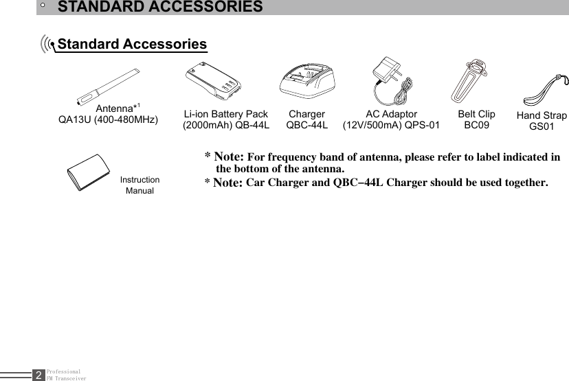 ProfessionalFM Transceiver2STANDARD ACCESSORIESStandard AccessoriesAntenna*1QA13U (400-480MHz)   Li-ion Battery Pack (2000mAh) QB-44LCharger QBC-44LAC Adaptor (12V/500mA) QPS-01Belt Clip  BC09Instruction Manual* Note: For frequency band of antenna, please refer to label indicated in      the bottom of the antenna.* Note: Car Charger and QBC-44L Charger should be used together.Hand Strap GS01