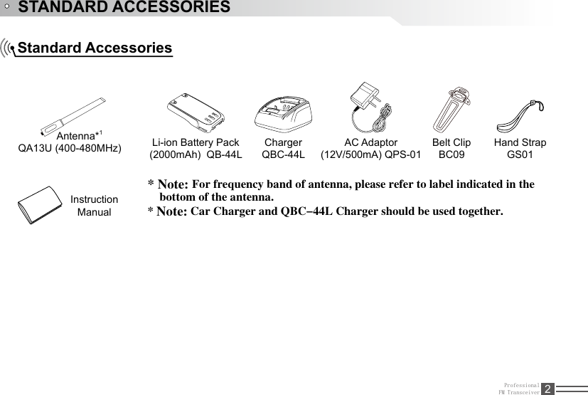 ProfessionalFM Transceiver 2STANDARD ACCESSORIESStandard AccessoriesAntenna*1QA13U (400-480MHz)   Li-ion Battery Pack (2000mAh)  QB-44LCharger QBC-44LAC Adaptor (12V/500mA) QPS-01Belt Clip  BC09Instruction Manual* Note: For frequency band of antenna, please refer to label indicated in the      bottom of the antenna.* Note: Car Charger and QBC-44L Charger should be used together.Hand Strap GS01
