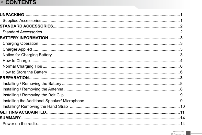 ProfessionalFM Transceiver IUNPACKING  ........................................................................................................................................1Supplied Accessories ..........................................................................................................................1STANDARD ACCESSORIES ................................................................................................................2Standard Accessories .........................................................................................................................2BATTERY INFORMATION ....................................................................................................................3Charging Operation ............................................................................................................................. 3Charger Applied ..................................................................................................................................3Notice for Charging Battery ................................................................................................................. 3How to Charge ....................................................................................................................................4Normal Charging Tips .........................................................................................................................6How to Store the Battery ..................................................................................................................... 6PREPARATION ..................................................................................................................................... 8Installing / Removing the Battery ........................................................................................................8Installing / Removing the Antenna ...................................................................................................... 8Installing / Removing the Belt Clip ......................................................................................................9Installing the Additional Speaker/ Microphone ....................................................................................9Installing/ Removing the Hand Strap  .................................................................................................10GETTING ACQUAINTED ......................................................................................................................11SUMMARY ............................................................................................................................................14Power on the radio .............................................................................................................................. 14CONTENTS