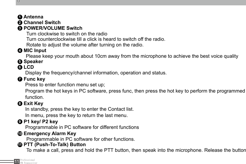 ProfessionalFM Transceiver111 Antenna2 Channel Switch3 POWER/VOLUME Switch Turn clockwise to switch on the radioTurn counterclockwise till a click is heard to switch off the radio.Rotate to adjust the volume after turning on the radio.4 MIC Input      Please keep your mouth about 10cm away from the microphone to achieve the best voice quality5 Speaker6 LCD   Display the frequency/channel information, operation and status.7 Func key   Press to enter function menu set up;   Program the hot keys in PC software, press func, then press the hot key to perform the programmed   function.8 Exit Key    In standby, press the key to enter the Contact list.   In menu, press the key to return the last menu. 9 P1 key/ P2 key   Programmable in PC software for different functions 10 Emergency Alarm KeyProgrammable in PC software for other functions. 11  PTT (Push-To-Talk) ButtonTo make a call, press and hold the PTT button, then speak into the microphone. Release the button 