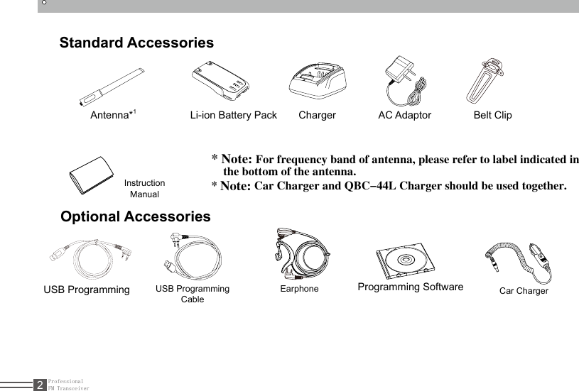 ProfessionalFM Transceiver2Instruction Manual* Note: For frequency band of antenna, please refer to label indicated in      the bottom of the antenna.* Note: Car Charger and QBC-44L Charger should be used together.Optional AccessoriesUSB Programming Cable USB Programming  Programming Software Earphone Car Charger Standard AccessoriesAntenna*1Li-ion Battery Pack  Charger  AC Adaptor  Belt  Clip  