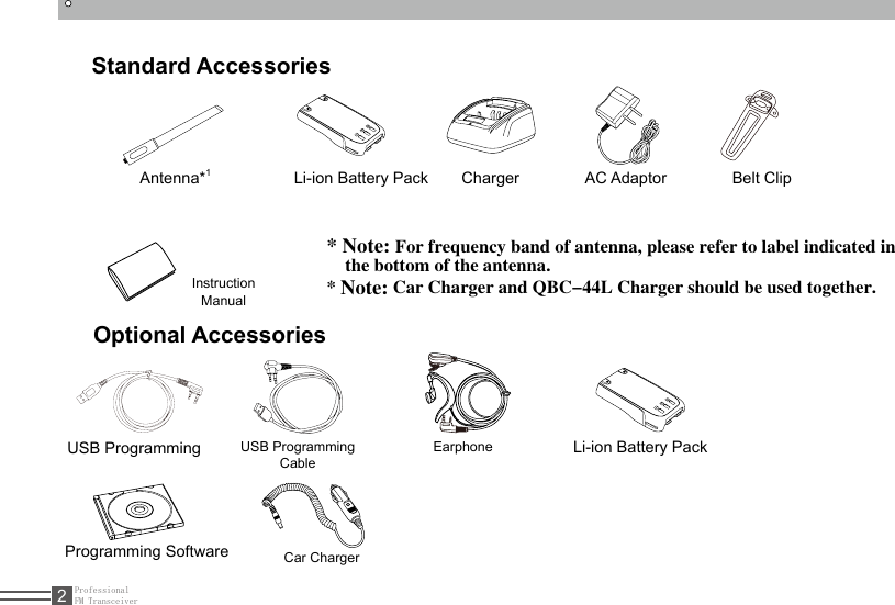 ProfessionalFM Transceiver2Standard AccessoriesAntenna*1Li-ion Battery Pack Li-ion Battery Pack Charger  AC Adaptor  Belt  Clip  Instruction Manual* Note: For frequency band of antenna, please refer to label indicated in      the bottom of the antenna.* Note: Car Charger and QBC-44L Charger should be used together.Optional AccessoriesUSB Programming Cable USB Programming Programming Software EarphoneCar Charger 