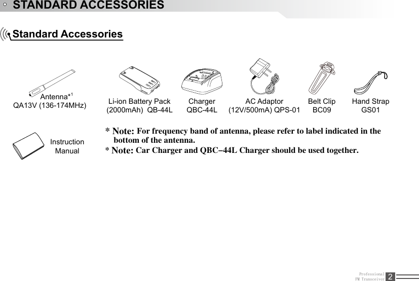 ProfessionalFM Transceiver 2STANDARD ACCESSORIESStandard AccessoriesAntenna*1QA13V (136-174MHz)   Li-ion Battery Pack (2000mAh)  QB-44LCharger QBC-44LAC Adaptor (12V/500mA) QPS-01Belt Clip  BC09Instruction Manual* Note: For frequency band of antenna, please refer to label indicated in the      bottom of the antenna.* Note: Car Charger and QBC-44L Charger should be used together.Hand Strap GS01