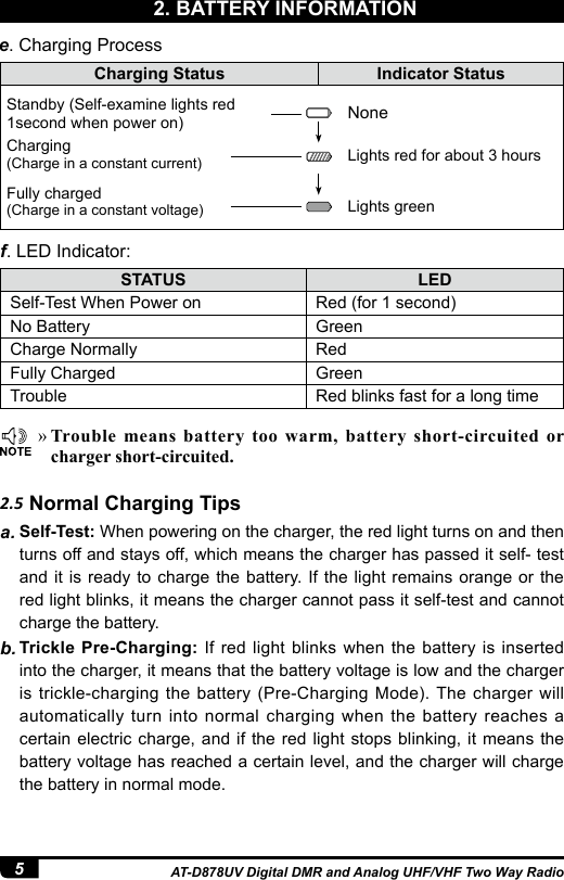 5AT-D878UV Digital DMR and Analog UHF/VHF Two Way RadioSTATUS LEDSelf-Test When Power on Red (for 1 second)No Battery GreenCharge Normally RedFully Charged GreenTrouble Red blinks fast for a long timef. LED Indicator:Charging Status Indicator StatusStandby (Self-examine lights red 1second when power on)    NoneCharging (Charge in a constant current)   Lights red for about 3 hoursFully charged (Charge in a constant voltage)  Lights green »Trouble means battery too warm, battery short-circuited or charger short-circuited.2.5 Normal Charging Tipsa. Self-Test: When powering on the charger, the red light turns on and then turns off and stays off, which means the charger has passed it self- test and it is ready to charge the battery. If the light remains orange or the red light blinks, it means the charger cannot pass it self-test and cannot charge the battery.b. Trickle Pre-Charging: If red light blinks when the battery is inserted into the charger, it means that the battery voltage is low and the charger is trickle-charging the battery (Pre-Charging Mode). The charger will automatically turn into normal charging when the battery reaches a certain electric charge, and if the red light stops blinking, it means the battery voltage has reached a certain level, and the charger will charge the battery in normal mode.e. Charging Process2. BATTERY INFORMATION