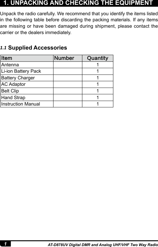 1AT-D878UV Digital DMR and Analog UHF/VHF Two Way Radio1. UNPACKING AND CHECKING THE EQUIPMENTUnpack the radio carefully. We recommend that you identify the items listed in the following table before discarding the packing materials. If any items are missing or have been damaged during shipment, please contact the carrier or the dealers immediately.1.1 Supplied AccessoriesItem Number QuantityAntenna 1Li-ion Battery Pack 1Battery Charger  1AC Adaptor 1Belt Clip 1Hand Strap  1Instruction Manual  11. Unpacking and Checking the Equipment