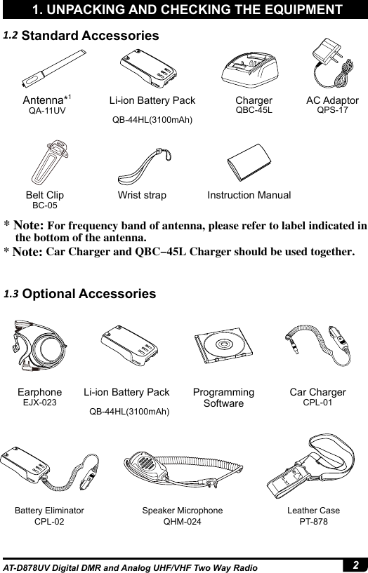 2AT-D878UV Digital DMR and Analog UHF/VHF Two Way Radio1. Unpacking and Checking the Equipment1. UNPACKING AND CHECKING THE EQUIPMENT1.2 Standard AccessoriesAntenna*1QA-11UVLi-ion Battery PackQB-44HL(3100mAh)  ChargerQBC-45L AC AdaptorQPS-17 Belt ClipBC-05 Wrist strap Instruction Manual* Note: For frequency band of antenna, please refer to label indicated in      the bottom of the antenna.* Note: Car Charger and QBC-45L Charger should be used together.Li-ion Battery PackQB-44HL(3100mAh)  1.3 Optional AccessoriesProgramming Software EarphoneEJX-023Car ChargerCPL-01 Battery EliminatorCPL-02 Speaker Microphone QHM-024Leather CasePT-878