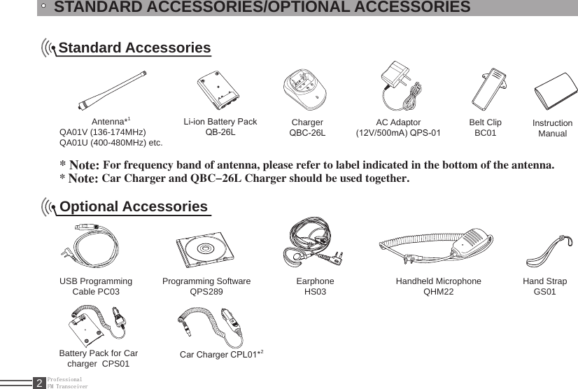 ProfessionalFM Transceiver2STANDARD ACCESSORIES/OPTIONAL ACCESSORIESStandard AccessoriesAntenna*1QA01V (136-174MHz) QA01U (400-480MHz) etc.Li-ion Battery Pack QB-26LCharger QBC-26LAC Adaptor (12V/500mA) QPS-01Belt Clip  BC01 Instruction Manual* Note: For frequency band of antenna, please refer to label indicated in the bottom of the antenna.* Note: Car Charger and QBC-26L Charger should be used together.Optional AccessoriesUSB Programming Cable PC03 Programming Software QPS289 Earphone HS03 Handheld Microphone QHM22 Hand Strap GS01Battery Pack for Car charger  CPS01 Car Charger CPL01*2