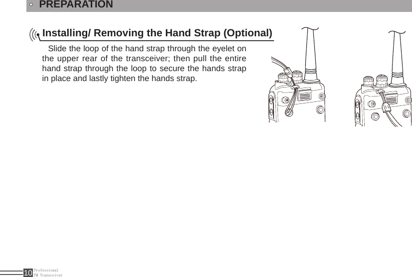 ProfessionalFM Transceiver10PREPARATIONInstalling/ Removing the Hand Strap (Optional)Slide the loop of the hand strap through the eyelet on the upper rear of the transceiver; then pull the entire hand strap through the loop to secure the hands strap in place and lastly tighten the hands strap.