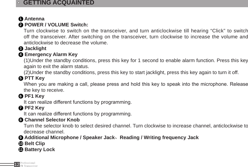 ProfessionalFM Transceiver12GETTING ACQUAINTED1 Antenna2 POWER / VOLUME Switch:Turn clockwise to switch on the transceiver, and turn anticlockwise till hearing “Click” to switch off the transceiver. After switching on the transceiver, turn clockwise to increase the volume and anticlockwise to decrease the volume.3 Jacklight4 Emergency Alarm Key(1)Under the standby conditions, press this key for 1 second to enable alarm function. Press this key again to exit the alarm status.(2)Under the standby conditions, press this key to start jacklight, press this key again to turn it off.5 PTT KeyWhen you are making a call, please press and hold this key to speak into the microphone. Release the key to receive.6 PF1 KeyIt can realize different functions by programming. 7 PF2 KeyIt can realize different functions by programming. 8 Channel Selector Knob Turn the selector knob to select desired channel. Turn clockwise to increase channel, anticlockwise to decrease channel.9 Additional Microphone / Speaker Jack、Reading / Writing frequency Jack10 Belt Clip11  Battery Lock