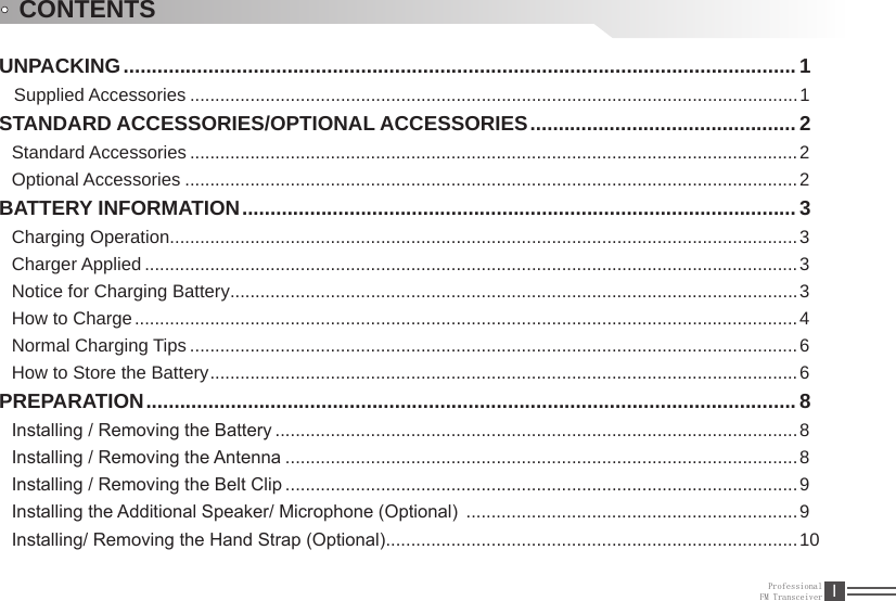 ProfessionalFM Transceiver IUNPACKING ....................................................................................................................... 1   Supplied Accessories .........................................................................................................................1STANDARD ACCESSORIES/OPTIONAL ACCESSORIES ............................................... 2Standard Accessories .........................................................................................................................2Optional Accessories ..........................................................................................................................2BATTERY INFORMATION .................................................................................................. 3Charging Operation .............................................................................................................................3Charger Applied ..................................................................................................................................3Notice for Charging Battery .................................................................................................................3How to Charge ....................................................................................................................................4Normal Charging Tips .........................................................................................................................6How to Store the Battery .....................................................................................................................6PREPARATION ................................................................................................................... 8Installing / Removing the Battery ........................................................................................................8Installing / Removing the Antenna ......................................................................................................8Installing / Removing the Belt Clip ......................................................................................................9Installing the Additional Speaker/ Microphone (Optional)  ..................................................................9Installing/ Removing the Hand Strap (Optional) ..................................................................................10CONTENTS