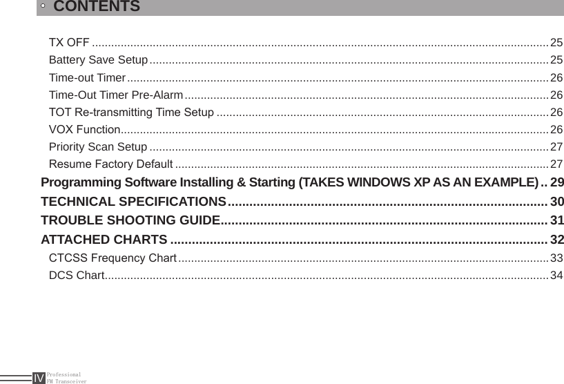 ProfessionalFM TransceiverIVTX OFF ...............................................................................................................................................25Battery Save Setup .............................................................................................................................25Time-out Timer ....................................................................................................................................26Time-Out Timer Pre-Alarm ..................................................................................................................26TOT Re-transmitting Time Setup ........................................................................................................26VOX Function ......................................................................................................................................26Priority Scan Setup .............................................................................................................................27Resume Factory Default .....................................................................................................................27Programming Software Installing &amp; Starting (TAKES WINDOWS XP AS AN EXAMPLE) .. 29TECHNICAL SPECIFICATIONS ......................................................................................... 30TROUBLE SHOOTING GUIDE ........................................................................................... 31ATTACHED CHARTS .........................................................................................................32CTCSS Frequency Chart ....................................................................................................................33DCS Chart ...........................................................................................................................................34CONTENTS