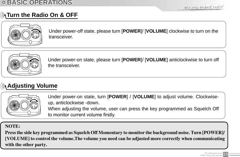 15    Turn the Radio On &amp; OFFNOTE:Press the side key programmed as Squelch Off Momentary to monitor the background noise. Turn [POWER]/ [VOLUME] to control the volume.The volume you need can be adjusted more correctly when communicating with the other party.BASIC OPERATIONSUnder power-off state, please turn [POWER]/ [VOLUME] clockwise to turn on the transceiver.Under power-on state, please turn [POWER]/ [VOLUME] anticlockwise to turn off the transceiver.Under power-on state, turn [POWER] / [VOLUME] to adjust volume. Clockwise-up, anticlockwise -down.When adjusting the volume, user can press the key programmed as Squelch Off to monitor current volume rstly.Adjusting Volume