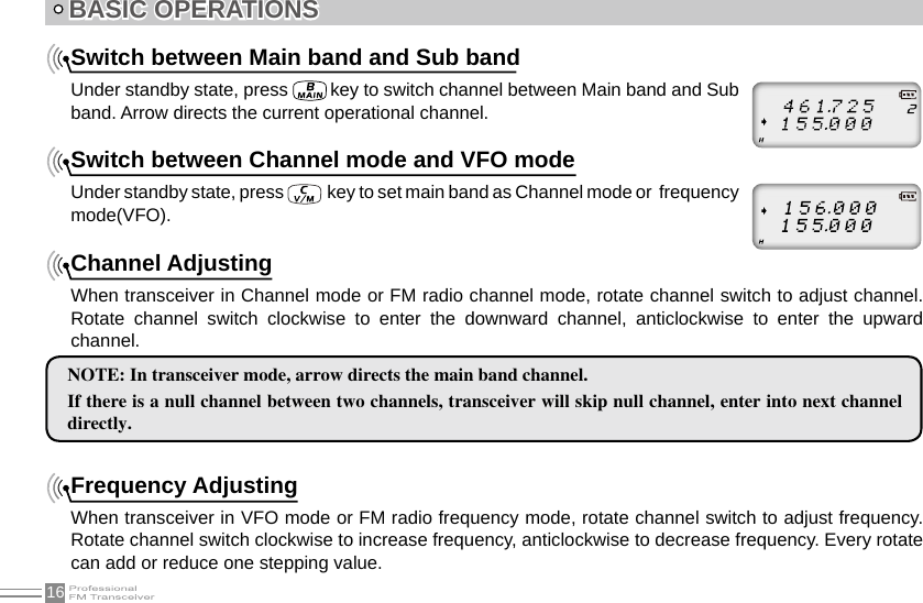 16Switch between Main band and Sub bandUnder standby state, press   key to switch channel between Main band and Sub band. Arrow directs the current operational channel.Switch between Channel mode and VFO modeUnder standby state, press    key to set main band as Channel mode or  frequency mode(VFO).Channel AdjustingWhen transceiver in Channel mode or FM radio channel mode, rotate channel switch to adjust channel. Rotate  channel  switch  clockwise  to  enter  the  downward  channel,  anticlockwise  to  enter  the  upward channel.Frequency AdjustingWhen transceiver in VFO mode or FM radio frequency mode, rotate channel switch to adjust frequency. Rotate channel switch clockwise to increase frequency, anticlockwise to decrease frequency. Every rotate can add or reduce one stepping value.NOTE: In transceiver mode, arrow directs the main band channel.If there is a null channel between two channels, transceiver will skip null channel, enter into next channel directly.BASIC OPERATIONS