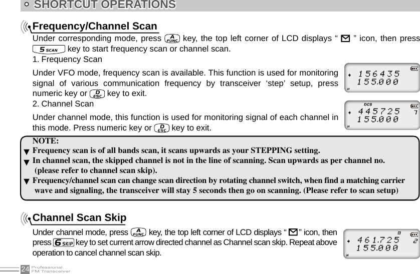 24SHORTCUT OPERATIONSFrequency/Channel ScanUnder corresponding mode, press   key, the top left corner of LCD displays “      ” icon, then press  key to start frequency scan or channel scan.1. Frequency ScanUnder VFO mode, frequency scan is available. This function is used for monitoring signal  of  various  communication  frequency  by  transceiver  ‘step’  setup,  press numeric key or   key to exit.2. Channel ScanUnder channel mode, this function is used for monitoring signal of each channel in this mode. Press numeric key or   key to exit.NOTE:Frequency scan is of all bands scan, it scans upwards as your STEPPING setting.In channel scan, the skipped channel is not in the line of scanning. Scan upwards as per channel no. (please refer to channel scan skip).Frequency/channel scan can change scan direction by rotating channel switch, when find a matching carrier wave and signaling, the transceiver will stay 5 seconds then go on scanning. (Please refer to scan setup)Channel Scan SkipUnder channel mode, press   key, the top left corner of LCD displays “      ” icon, then press   key to set current arrow directed channel as Channel scan skip. Repeat above operation to cancel channel scan skip.▼▼▼ 