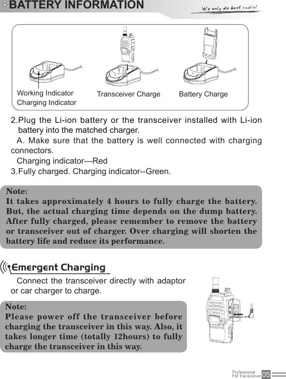 05BATTERY INFORMATIONPlug the Li-ion battery or the transceiver installed with Li-ion 2. battery into the matched charger. A.  Make sure  that  the  battery  is  well connected  with  charging                                connectors.Charging indicator---RedFully charged. Charging indicator--Green.3. Note:It takes approximately 4 hours to fully charge the battery. But, the actual charging time depends on the dump battery. After fully charged, please remember to remove the battery or transceiver out of charger. Over  charging  will shorten the battery life and reduce its performance.Emergent ChargingConnect the transceiver directly with adaptor or car charger to charge.Note:Please power off the transceiver  before charging the transceiver in this way. Also, it takes longer time (totally 12hours) to fully charge the transceiver in this way.Working IndicatorCharging IndicatorTransceiver Charge Battery Charge