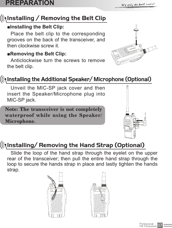 07PREPARATIONInstalling / Removing the Belt Clip■Installing the Belt Clip:Place the belt clip  to the corresponding grooves on the back of the transceiver, and then clockwise screw it.■Removing the Belt Clip:Anticlockwise turn the screws to remove the belt clip.Installing the Additional Speaker/ Microphone (Optional)Unveil the MIC-SP jack cover  and then insert the Speaker/Microphone plug into MIC-SP jack.Note: The transceiver is not completely waterproof while using the Speaker/Microphone.Installing/ Removing the Hand Strap (Optional)Slide the loop of  the hand strap  through the eyelet on the upper rear of the transceiver; then pull the entire hand strap through the loop to secure the hands strap in place and lastly tighten the hands strap.