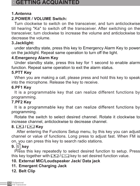 10GETTING ACQUAINTEDAntenna1. POWER / VOLUME Switch:2. Turn clockwise  to switch on  the transceiver, and turn anticlockwise till hearing &quot;Ka&quot; to  switch off the transceiver. After switching on the transceiver, turn clockwise to increase the volume and anticlockwise to decrease the volume.Jacklight: 3. under standby state, press this key to Emergency Alarm Key to power on the jacklight. Repeat same operation to turn off the light.Emergency Alarm Key4. Under standby state, press this key for 1 second to enable alarm function. Repeat same operation to exit the alarm status.PTT Key5. When you are making a call, please press and hold this key to speak into the microphone. Release the key to receive.PF1 Key6. It is a programmable key that can realize different functions by programming. PF2 Key7. It is a programmable key that can realize different functions by programming. Rotate the switch to select desired channel. Rotate it  clockwise to increase channel, anticlockwise to decrease channel.  8.   /   Key  After entering the Functions Setup menu, by this key you can adjust channel or  value of functions. Long press to  adjust fast. When FM is on, you can press this key to search radio stations. 9.   keyPress this key repeatedly to select desired  function to setup.  Press this key together with   /   key to set desired function value.External MIC/Loudspeaker Jack/ Data jack10. Emergent Charging Jack11. Belt Clip12. 