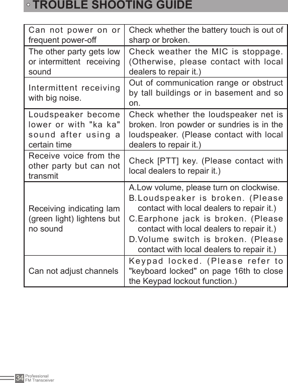34Can not power on or frequent power-offCheck whether the battery touch is out of sharp or broken.The other party gets low or intermittent  receiving soundCheck weather the MIC is stoppage. (Otherwise, please contact with local dealers to repair it.)Intermittent receiving with big noise. Out of communication range or obstruct by tall buildings or  in basement and  so on.Loudspeaker become lower or with &quot;ka ka&quot; sound after using a certain timeCheck whether the loudspeaker  net is broken. Iron powder or sundries is in the loudspeaker. (Please contact with  local dealers to repair it.)Receive voice from the other party but can not transmitCheck [PTT] key.  (Please contact with local dealers to repair it.)Receiving indicating lam (green light) lightens but no sound A.Low volume, please turn on clockwise.B. Lou d spe a ke r   is  b r oke n.  ( P lea s e contact with local dealers to repair it.)C. Earphone  jack is broken.  (Please contact with local dealers to repair it.)D. Volume switch is  broken. (Please contact with local dealers to repair it.)Can not adjust channelsKeypad locked. (Please refer to &quot;keyboard locked&quot; on page 16th to close the Keypad lockout function.)TROUBLE SHOOTING GUIDE