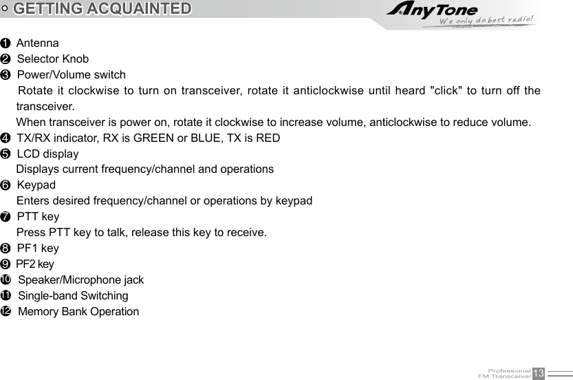 13GETTING ACQUAINTED1  Antenna2  Selector Knob3  Power/Volume switch    Rotate it clockwise  to turn on transceiver, rotate it anticlockwise until heard &quot;click&quot; to  turn off the transceiver.     When transceiver is power on, rotate it clockwise to increase volume, anticlockwise to reduce volume.4  TX/RX indicator, RX is GREEN or BLUE, TX is RED5  LCD display     Displays current frequency/channel and operations6  KeypadEnters desired frequency/channel or operations by keypad7  PTT keyPress PTT key to talk, release this key to receive.8  PF1 key9  PF2 key10   Speaker/Microphone jack11   Single-band Switching12   Memory Bank Operation