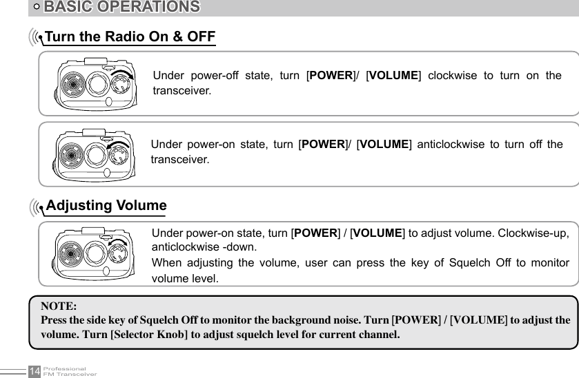 14    Turn the Radio On &amp; OFFNOTE:Press the side key of Squelch Off to monitor the background noise. Turn [POWER] / [VOLUME] to adjust the volume. Turn [Selector Knob] to adjust squelch level for current channel.BASIC OPERATIONSUnder  power-off  state,  turn  [POWER]/  [VOLUME]  clockwise  to  turn  on  the transceiver.Under  power-on  state,  turn  [POWER]/  [VOLUME]  anticlockwise  to  turn  off  the transceiver.Under power-on state, turn [POWER] / [VOLUME] to adjust volume. Clockwise-up, anticlockwise -down.When  adjusting  the  volume,  user  can  press  the  key  of  Squelch  Off  to  monitor volume level.Adjusting Volume