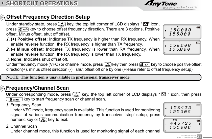 23SHORTCUT OPERATIONSOffset Frequency Direction SetupUnder standby state, press   key, the top left corner of LCD displays &quot;       &quot; icon, press   key to choose offset frequency direction. There are 3 options, Positive offset, Minus offset, shut off offset.(+) Positive offset:1.   Indicates TX frequency is higher than RX frequency. When enable reverse function, the RX frequency is higher than TX frequency.(-)  Minus  offset:2.    Indicates  TX  frequency  is  lower  than  RX  frequency.  When enable reverse function, the RX frequency is lower than TX frequency.None:3.   Indicates shut offset off.Under frequency mode (VFO) or channel mode, press   key then press   key to choose positive offset direction(+), minus offset direction (-) , shut offset off one by one (Please refer to offset frequency setup).NOTE: This function is unavailable in professional transceiver mode.Frequency/Channel ScanUnder corresponding mode, press   key, the top left corner of LCD displays &quot;      &quot; icon, then press  key to start frequency scan or channel scan.Frequency Scan1. Under VFO mode, frequency scan is available. This function is used for monitoring signal  of  various  communication  frequency  by  transceiver  ‘step’  setup,  press numeric key or   key to exit.Channel Scan2. Under channel mode, this function is used for monitoring signal of each channel  