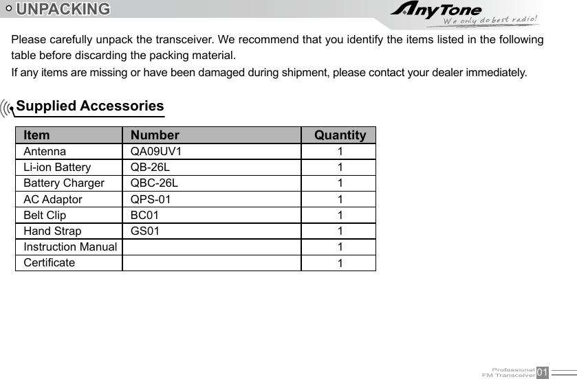 01UNPACKINGPlease carefully unpack the transceiver. We recommend that you identify the items listed in the following table before discarding the packing material.If any items are missing or have been damaged during shipment, please contact your dealer immediately.Item Number QuantityAntenna QA09UV1 1Li-ion Battery  QB-26L 1Battery Charger QBC-26L 1AC Adaptor QPS-01 1Belt Clip BC01  1Hand Strap GS01 1Instruction Manual 1Certicate 1Supplied Accessories 