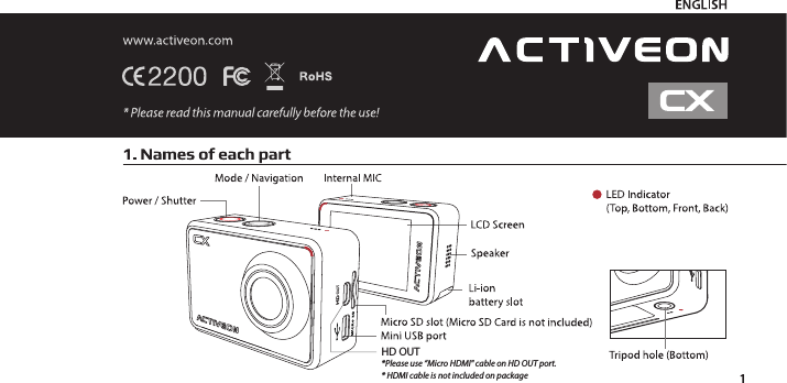 HD OUT* Please use “Micro HDMI&quot; cable on HD OUT port.* HDMI cable is not included on package