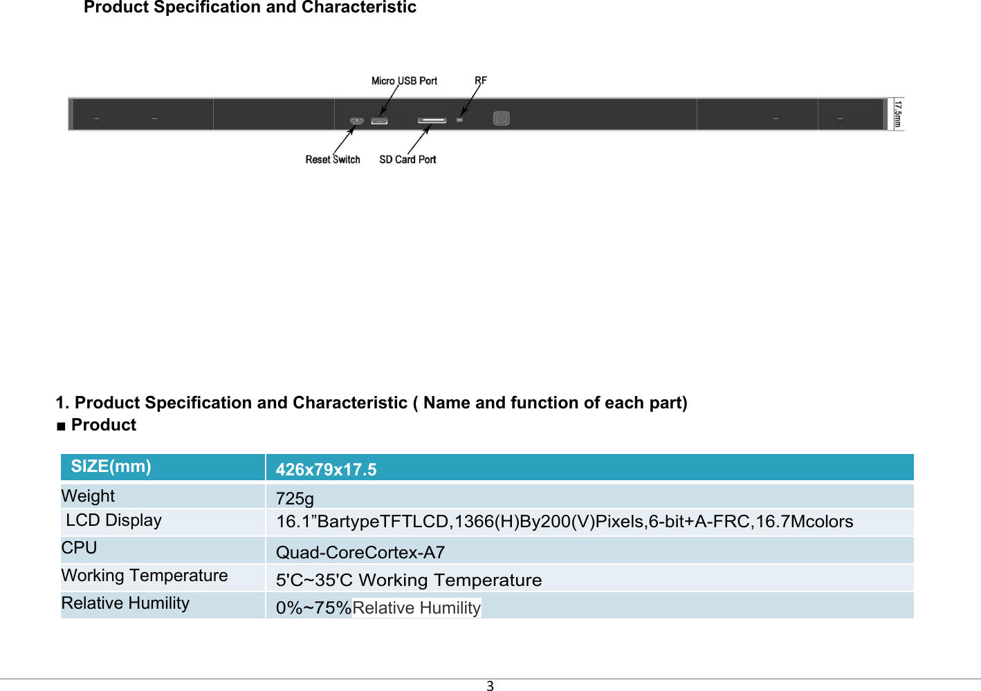    P             1. Pr■ Pro SIZWeig LCDCPUWorRela Product Specificroduct Specificaoduct  ZE(mm) ght D Display  U rking Temperatuative Humility cation and Chaation and Chara426x79x725g 16.1”BaQuad-Cre 5&apos;C~350%~75racteristic  acteristic ( Namx17.5 artypeTFTLCD,CoreCortex-A75&apos;C Working Te5%Relative Hum3me and function1366(H)By200(mperature  ility n of each part)(V)Pixels,6-bit+AA-FRC,16.7Mco olors 