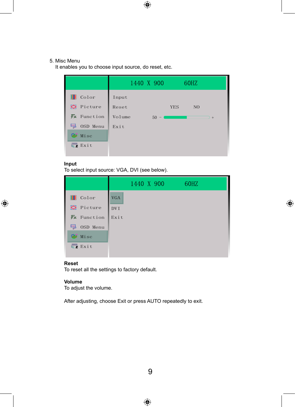 InputTo select input source: VGA, DVI (see below).OSDtherColor VGADVIExitPictureFunctionOSD MenuMiscExitResetTo reset all the settings to factory default.VolumeTo adjust the volume.After adjusting, choose Exit or press AUTO repeatedly to exit.95. Misc Menu    It enables you to choose input source, do reset, etc.OSDtherColorReset YES NOInput+50 -VolumeExitPictureFunctionOSD MenuMiscExit