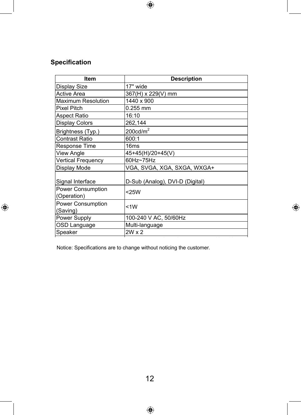 SpecicationItem DescriptionDisplay Size 17&quot; wideActive Area 367(H) x 229(V) mmMaximum Resolution 1440 x 900Pixel Pitch 0.255 mmAspect Ratio 16:10Display Colors 262,144Brightness (Typ.) 200cd/m2Contrast Ratio 600:1Response Time 16msView Angle 45+45(H)/20+45(V)Vertical Frequency 60Hz~75HzDisplay Mode VGA, SVGA, XGA, SXGA, WXGA+Signal Interface D-Sub (Analog), DVI-D (Digital)Power Consumption(Operation) &lt;25WPower Consumption(Saving) &lt;1WPower Supply 100-240 V AC, 50/60HzOSD Language Multi-languageSpeaker 2W x 2Operation Environment Temperature 0ć-50ć, Humidity 20%-80%Store Environment Temperature 20ć-60ć, Humidity 20%-80%Notice: Specications are to change without noticing the customer.12