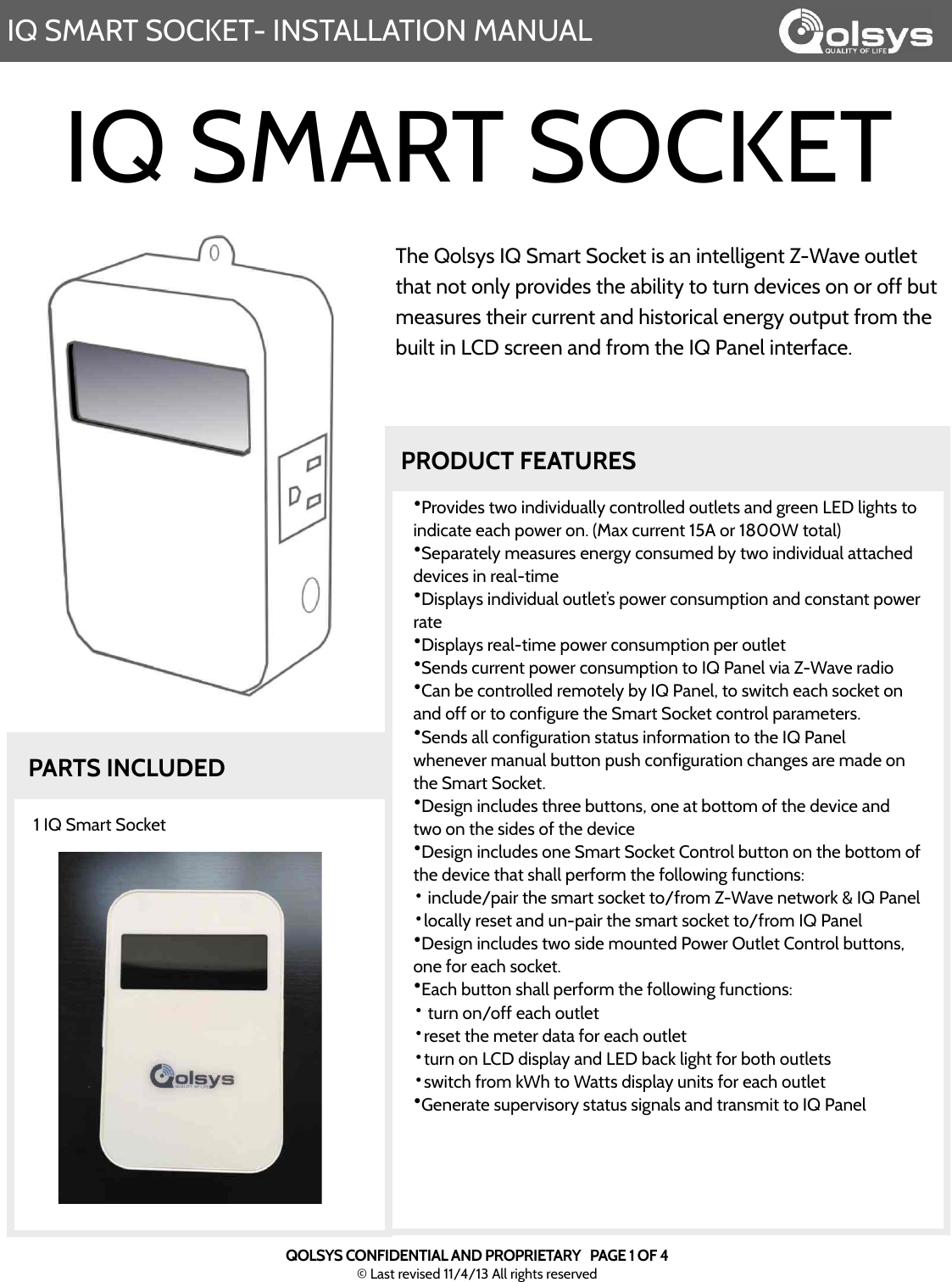 Page 1 of Qolsys QS2100 IQSmartSocket is a Dual Socket that is controlled remotely and measures electricity User Manual Installation manual