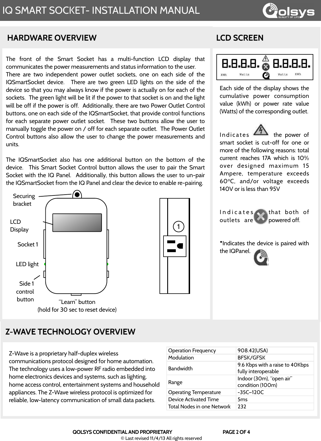 Page 2 of Qolsys QS2100 IQSmartSocket is a Dual Socket that is controlled remotely and measures electricity User Manual Installation manual