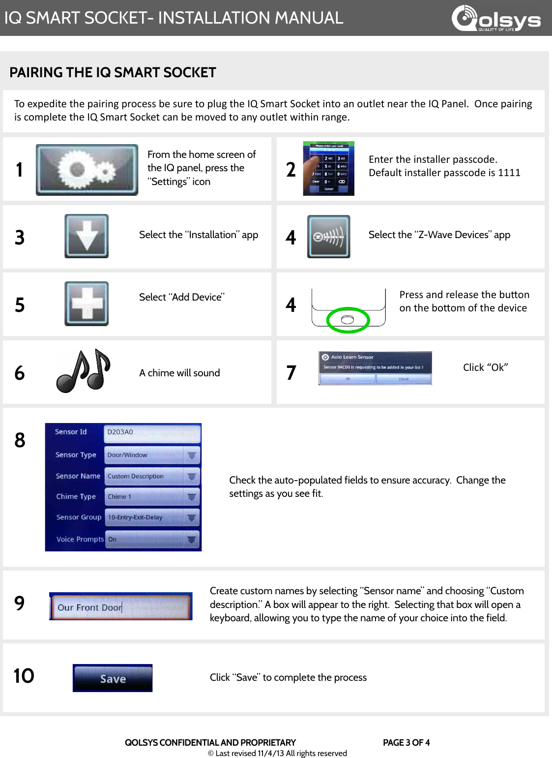 Page 3 of Qolsys QS2100 IQSmartSocket is a Dual Socket that is controlled remotely and measures electricity User Manual Installation manual