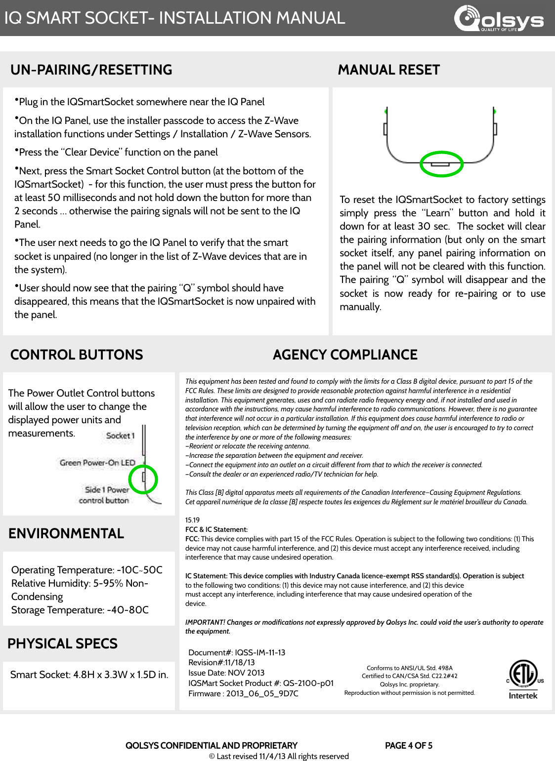 Page 4 of Qolsys QS2100 IQSmartSocket is a Dual Socket that is controlled remotely and measures electricity User Manual Installation manual